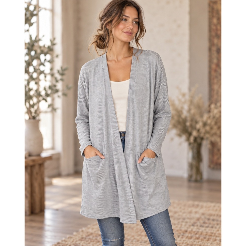 Donni Anthropologie Striped Cardigan Lagenlook Grey White Longline OS Artsy Boho